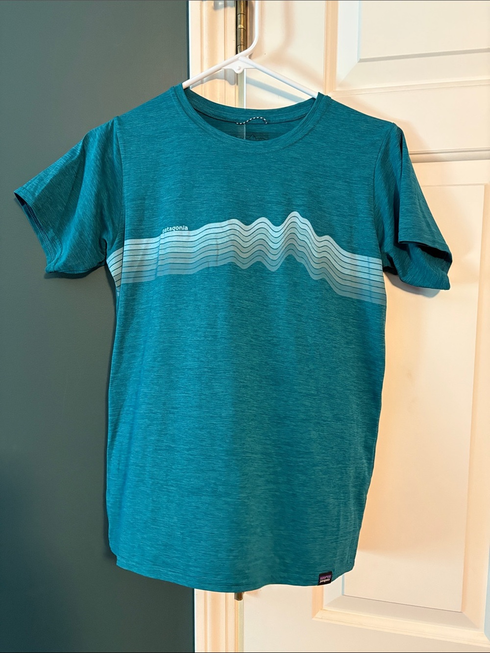 Patagonia Capilene Cool Teal Heather Crew Tee with Light Blue Wave Graphic